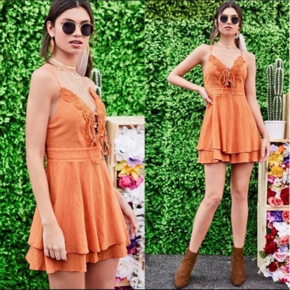 NWT SHEIN Orange Romper With Front Beaded Ties And Spaghetti Straps - Picture 2 of 2